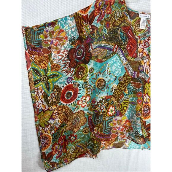 Susan Graver Boho Fall Floral Patchwork Top L Sheer Tunic Caftan Blouse - Picture 6 of 9